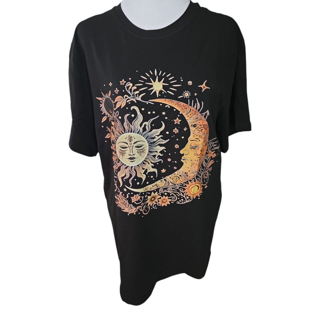 Black Graphic Tee with Sun and Moon Design